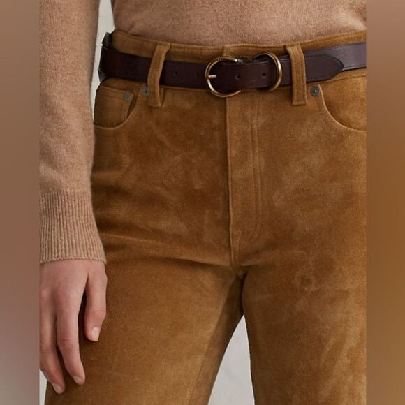 Polo Ralph Lauren Suede Cow Leather Tan Pants Skinny Stretch Trouser Size 8 - Picture 5 of 11